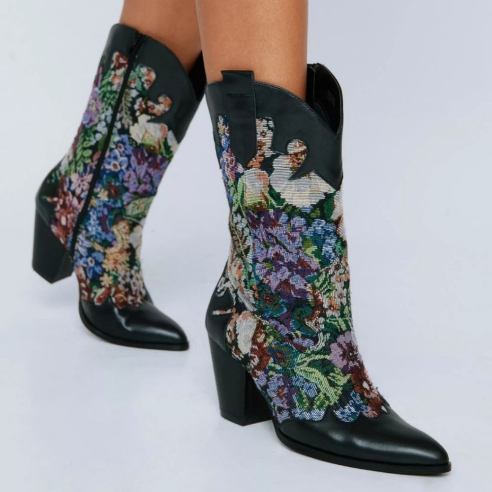 Faux Leather Floral Embroidered Cowboy Boots